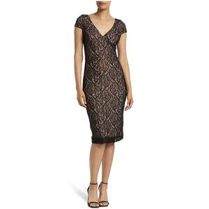 Dress the Population Women's size XS Dress Cap Sleeve Faux Wrap Black Lace Nude